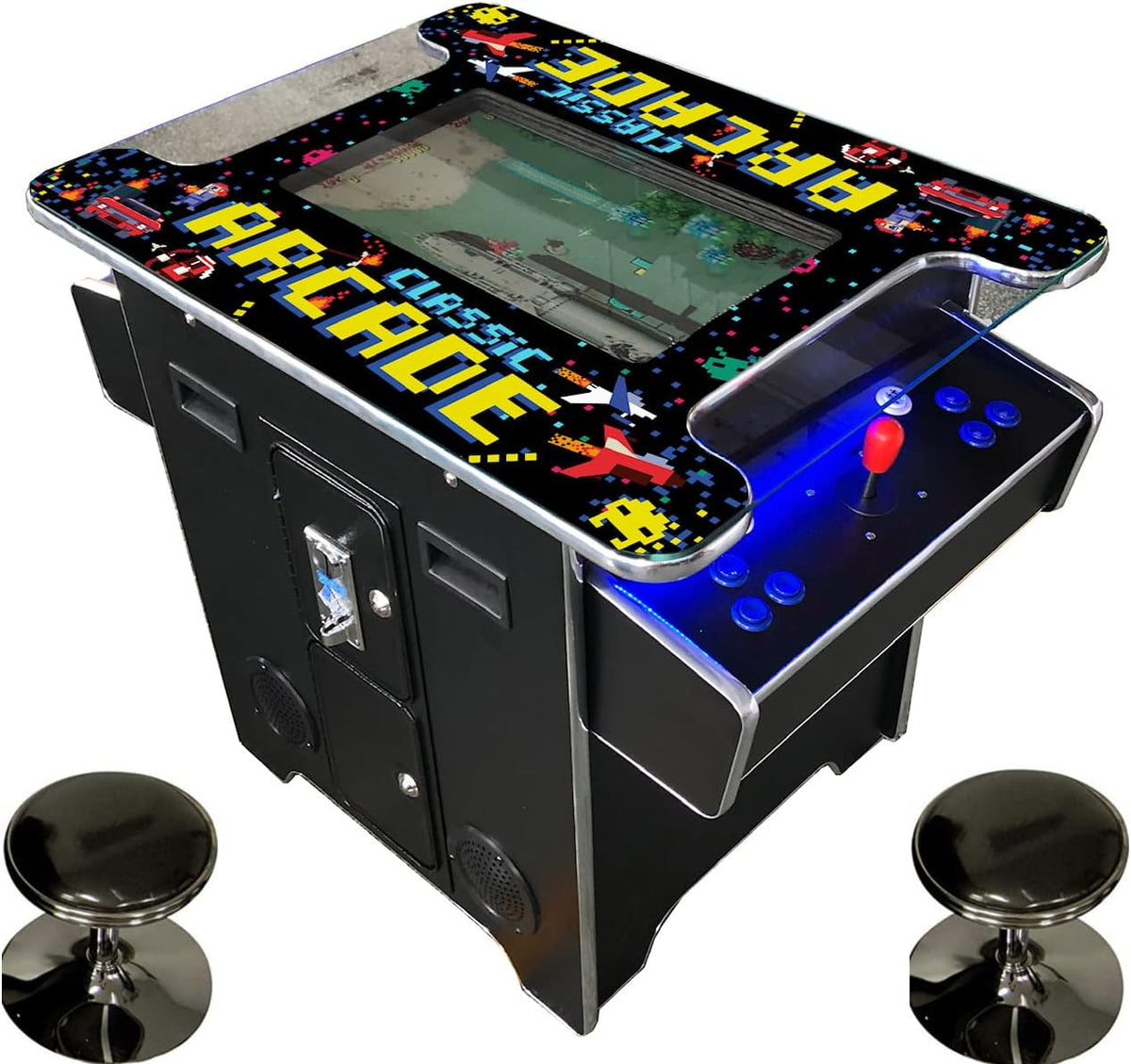 Full Size Commercial Grade Cocktail Arcade Machine 2 Player Retro 60 Games 22" LCD Screen Tempered Glass 2 Stools Included 5 Year Warranty Black