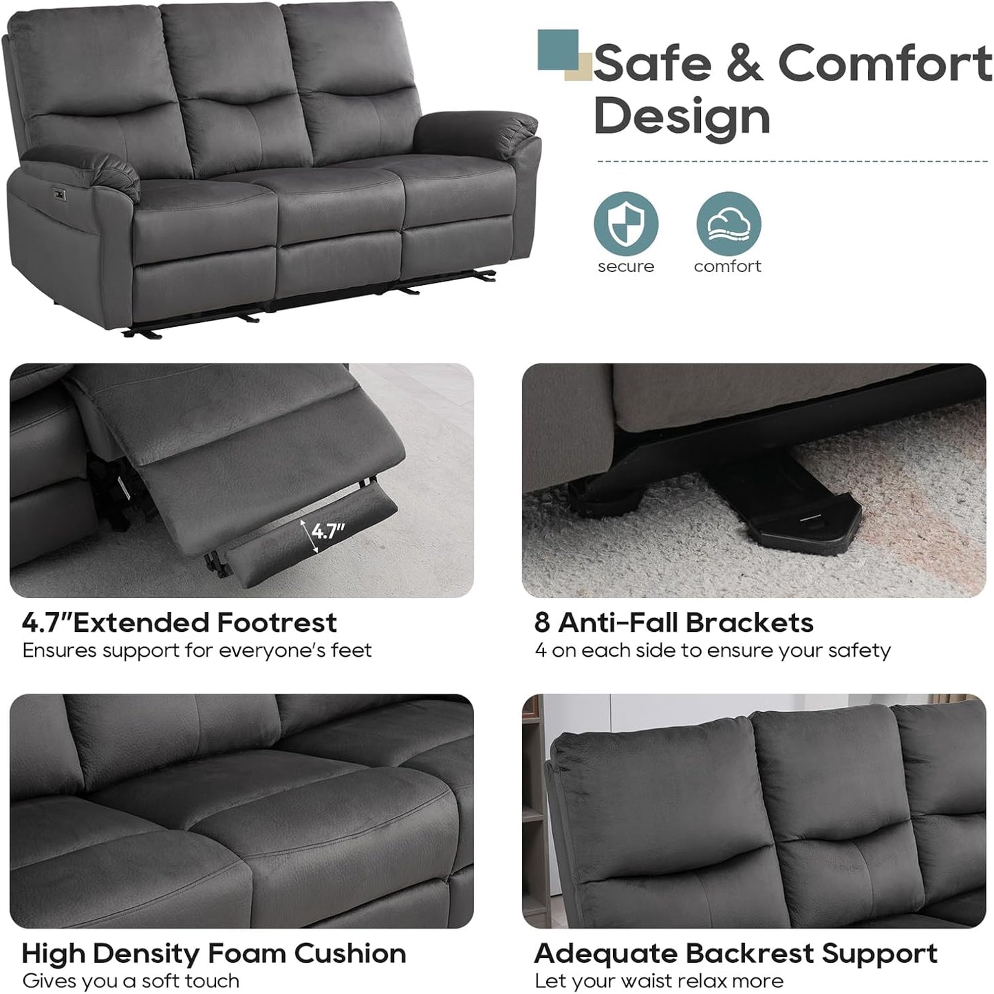 Loveseat Recliner Sofa with Console, Electric Reclining Couch with Flip Middle Backrest, Cup Holder & USB Type C, Skin- Friendly Recliner Sofa for Living Room, Home Theater Seat (Dark Gray)