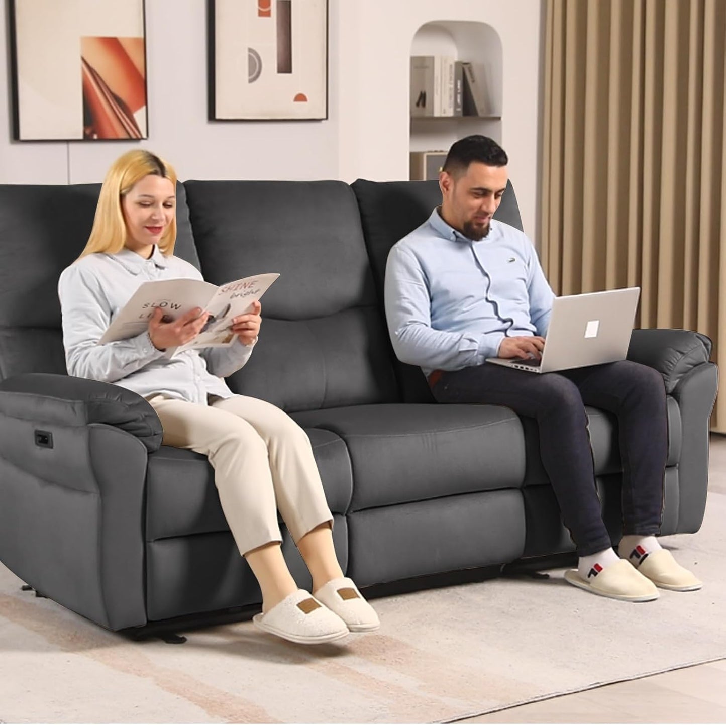Loveseat Recliner Sofa with Console, Electric Reclining Couch with Flip Middle Backrest, Cup Holder & USB Type C, Skin- Friendly Recliner Sofa for Living Room, Home Theater Seat (Dark Gray)