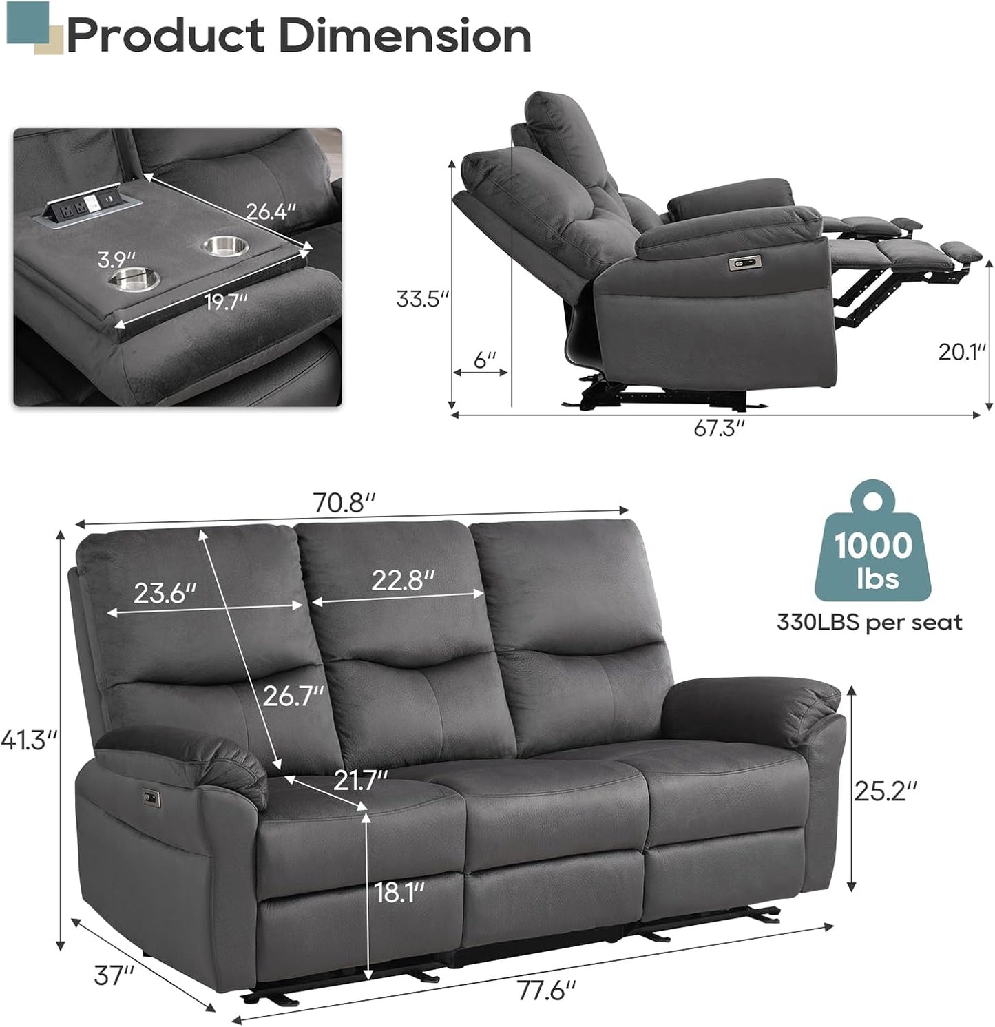 Loveseat Recliner Sofa with Console, Electric Reclining Couch with Flip Middle Backrest, Cup Holder & USB Type C, Skin- Friendly Recliner Sofa for Living Room, Home Theater Seat (Dark Gray)
