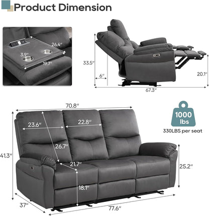 Loveseat Recliner Sofa with Console, Electric Reclining Couch with Flip Middle Backrest, Cup Holder & USB Type C, Skin- Friendly Recliner Sofa for Living Room, Home Theater Seat (Dark Gray)
