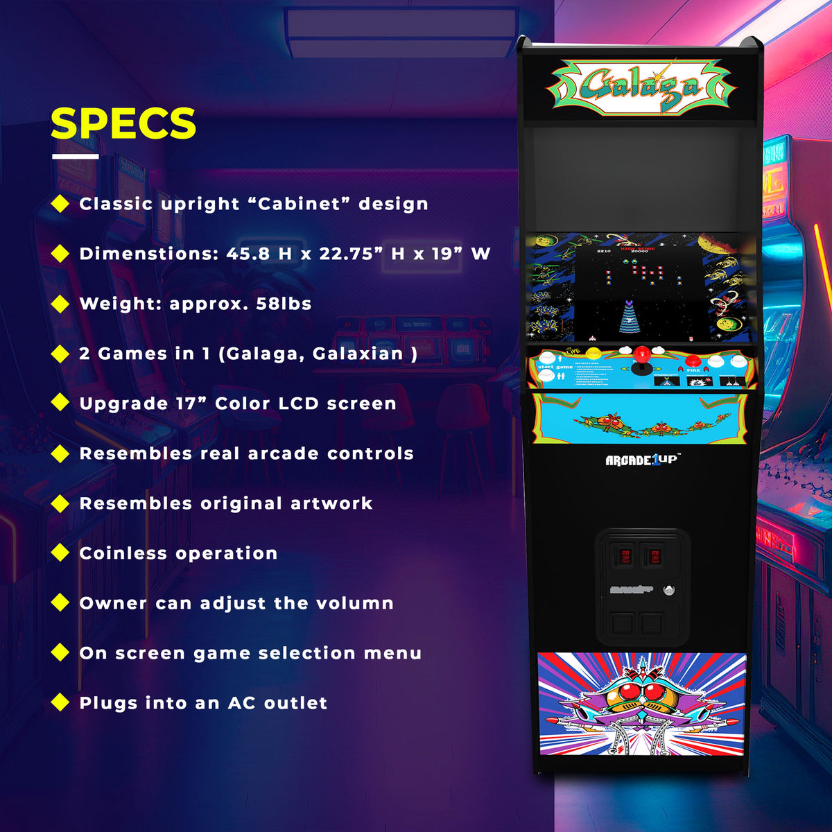 GALAGA Deluxe Arcade Game Machine 5-Foot Stand-Up Cabinet, Ages 14+