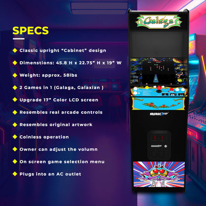 GALAGA Deluxe Arcade Game Machine 5-Foot Stand-Up Cabinet, Ages 14+