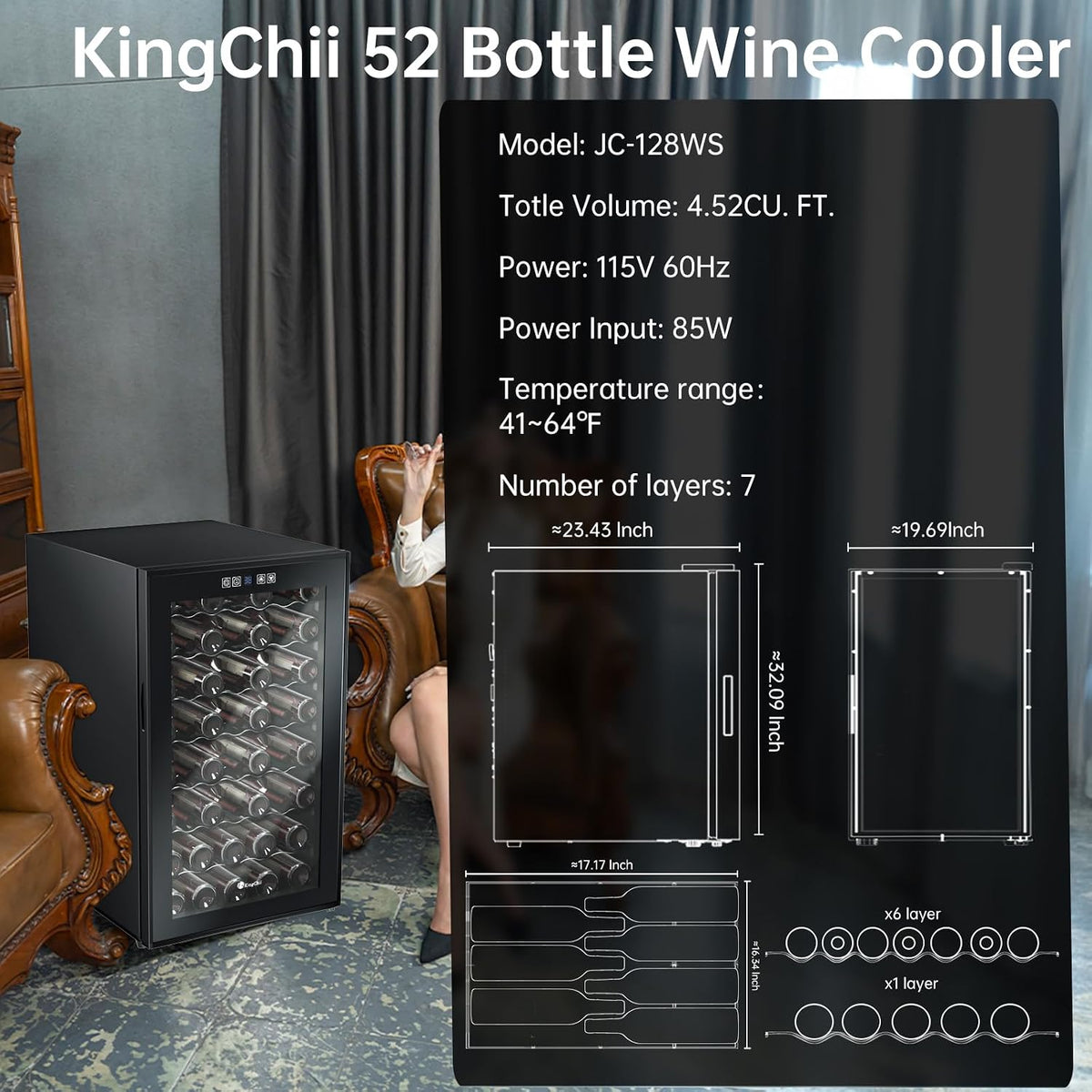 52 Bottle Wine Cooler Refrigerator - Intelligent Digital Control Wine Fridge, Low Noise Operation, Freestanding Wine Refrigerator for Kitchen and Home