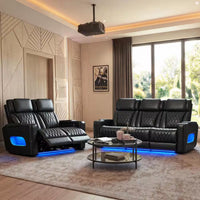 Orya Black 61.42 In. Power Recliner Chair with Dual Motor, Massage and Heat, LED Lights, Leather Home Theater Seating
