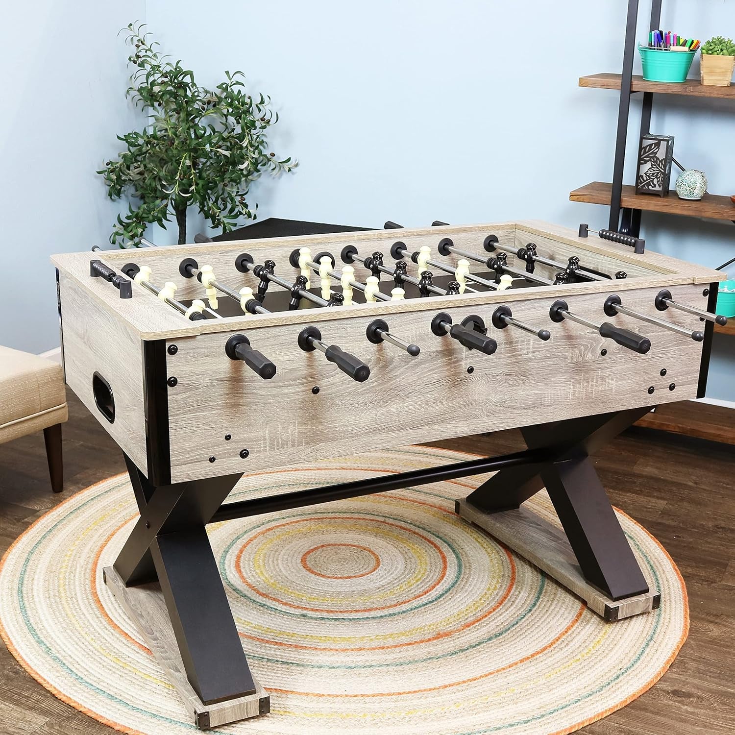 Sunnydaze Delano 54.5-Inch Indoor Foosball Table Adult Size | Soccer Game Table for Adults with 2 Balls, PVC Laminated MDF Gray Distressed Wood Look