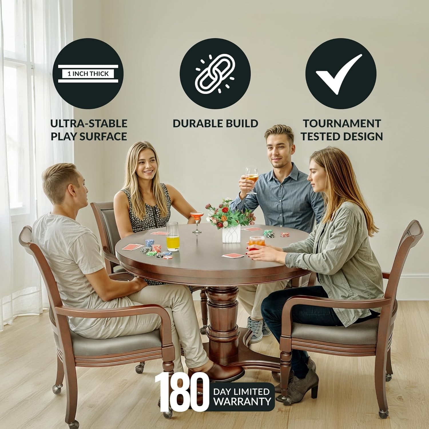 Bridgeport 2 in 1 round Poker Table and Chairs Set for Dining & Game Rooms – Furniture Grade Hardwood, Sturdy Pedestal Legs, Drink Holders, Chip Slots – Includes 4 Poker Table Chairs - Walnut