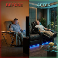 Orya Black 61.42 In. Power Recliner Chair with Dual Motor, Massage and Heat, LED Lights, Leather Home Theater Seating — Before & After