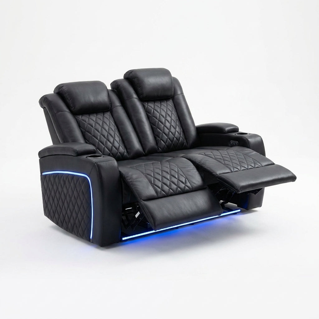 Orya Black 61.42 In. Power Recliner Chair with Dual Motor, Massage and Heat, LED Lights, Leather Home Theater Seating — Studio Shot