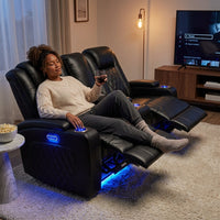 Orya Black 61.42 In. Power Recliner Chair with Dual Motor, Massage and Heat, LED Lights, Leather Home Theater Seating — Lifestyle