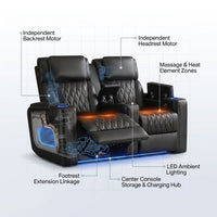 Orya Black 61.42 In. Power Recliner Chair with Dual Motor, Massage and Heat, LED Lights, Leather Home Theater Seating — How It Works