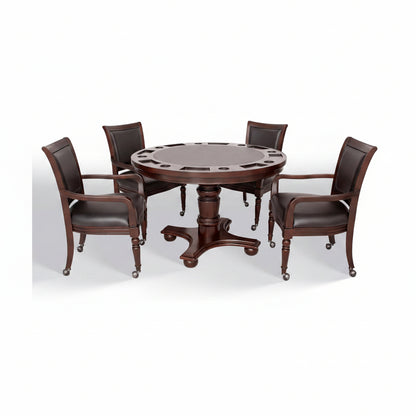 Bridgeport 2 in 1 round Poker Table and Chairs Set for Dining & Game Rooms – Furniture Grade Hardwood, Sturdy Pedestal Legs, Drink Holders, Chip Slots – Includes 4 Poker Table Chairs - Walnut