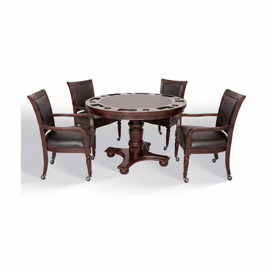 Bridgeport 2 in 1 round Poker Table and Chairs Set for Dining & Game Rooms – Furniture Grade Hardwood, Sturdy Pedestal Legs, Drink Holders, Chip Slots – Includes 4 Poker Table Chairs - Walnut