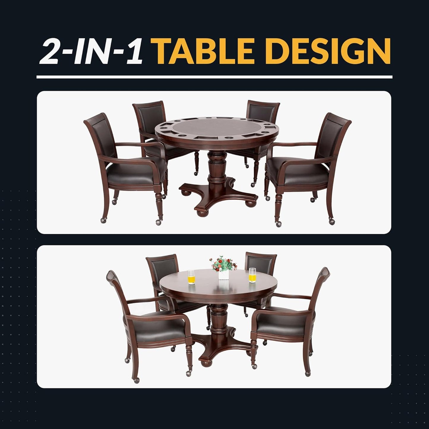 Bridgeport 2 in 1 round Poker Table and Chairs Set for Dining & Game Rooms – Furniture Grade Hardwood, Sturdy Pedestal Legs, Drink Holders, Chip Slots – Includes 4 Poker Table Chairs - Walnut