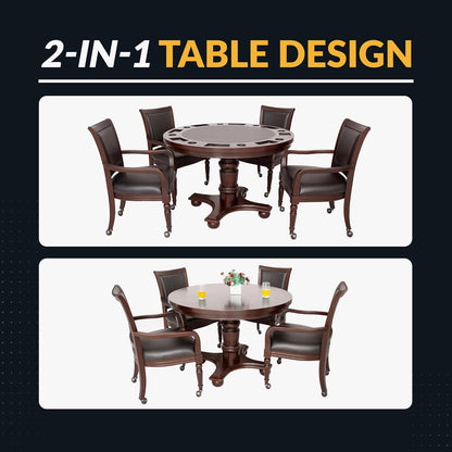 Bridgeport 2 in 1 round Poker Table and Chairs Set for Dining & Game Rooms – Furniture Grade Hardwood, Sturdy Pedestal Legs, Drink Holders, Chip Slots – Includes 4 Poker Table Chairs - Walnut
