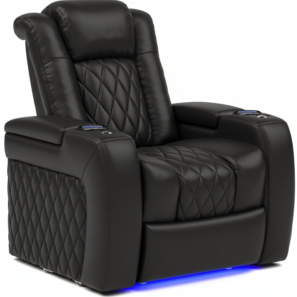 Valencia Tuscany Home Theater Seat - Nappa Leather Power Recliner with Cool Gel Memory Foam, USB-C/A Charging, RGB LED Lights, Adjustable Lumbar & Headrest (Single Recliner,Black)