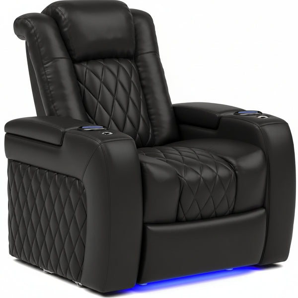 Valencia Tuscany Home Theater Seat - Nappa Leather Power Recliner with Cool Gel Memory Foam, USB-C/A Charging, RGB LED Lights, Adjustable Lumbar & Headrest (Single Recliner,Black)