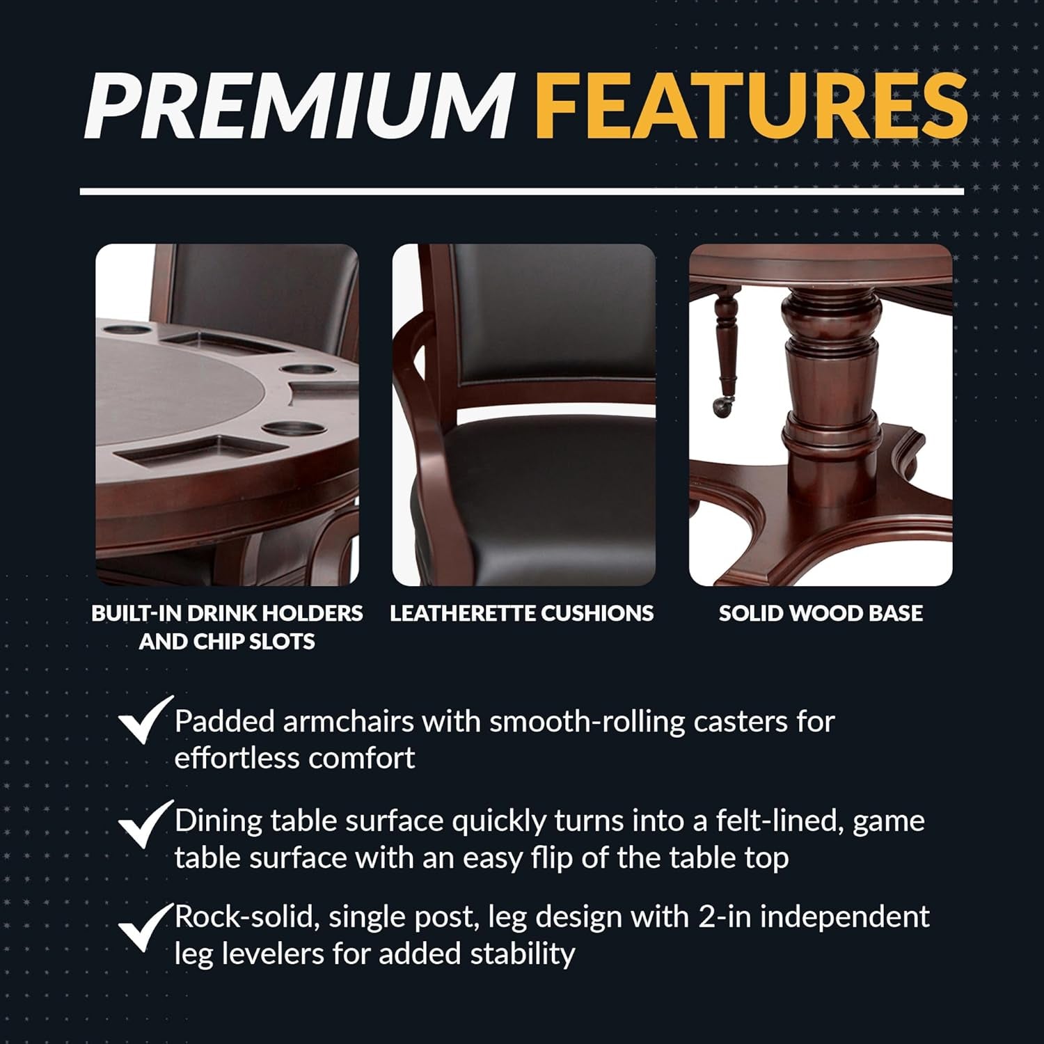 Bridgeport 2 in 1 round Poker Table and Chairs Set for Dining & Game Rooms – Furniture Grade Hardwood, Sturdy Pedestal Legs, Drink Holders, Chip Slots – Includes 4 Poker Table Chairs - Walnut