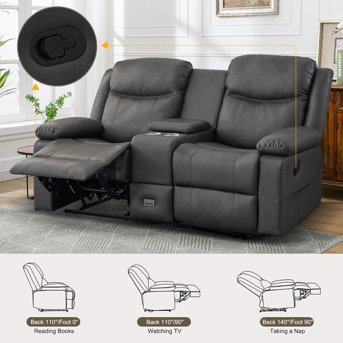Grey Double Reclining Loveseat For Living Room Home Theater